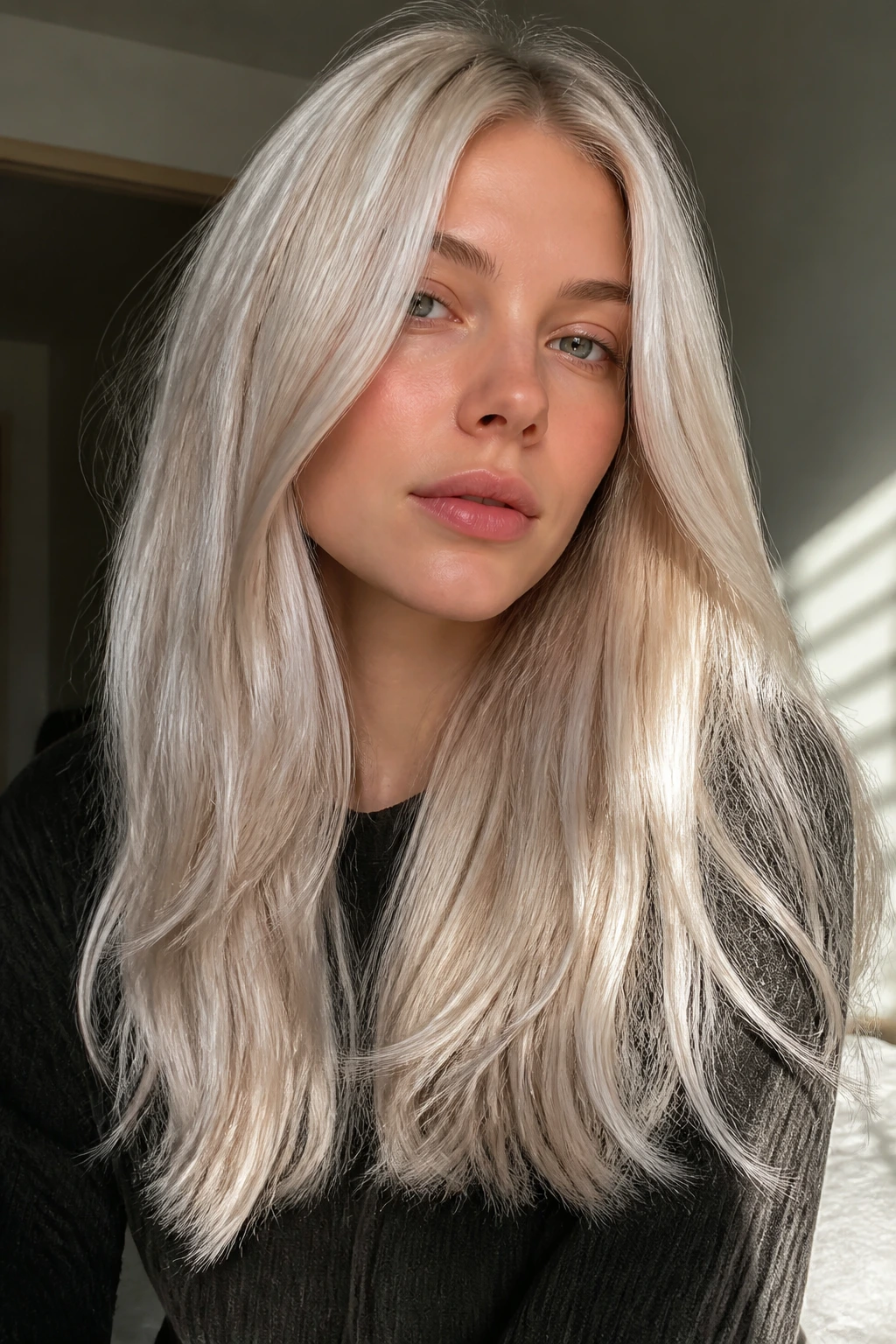 Real woman with icy pearl blonde hair and glossy ends