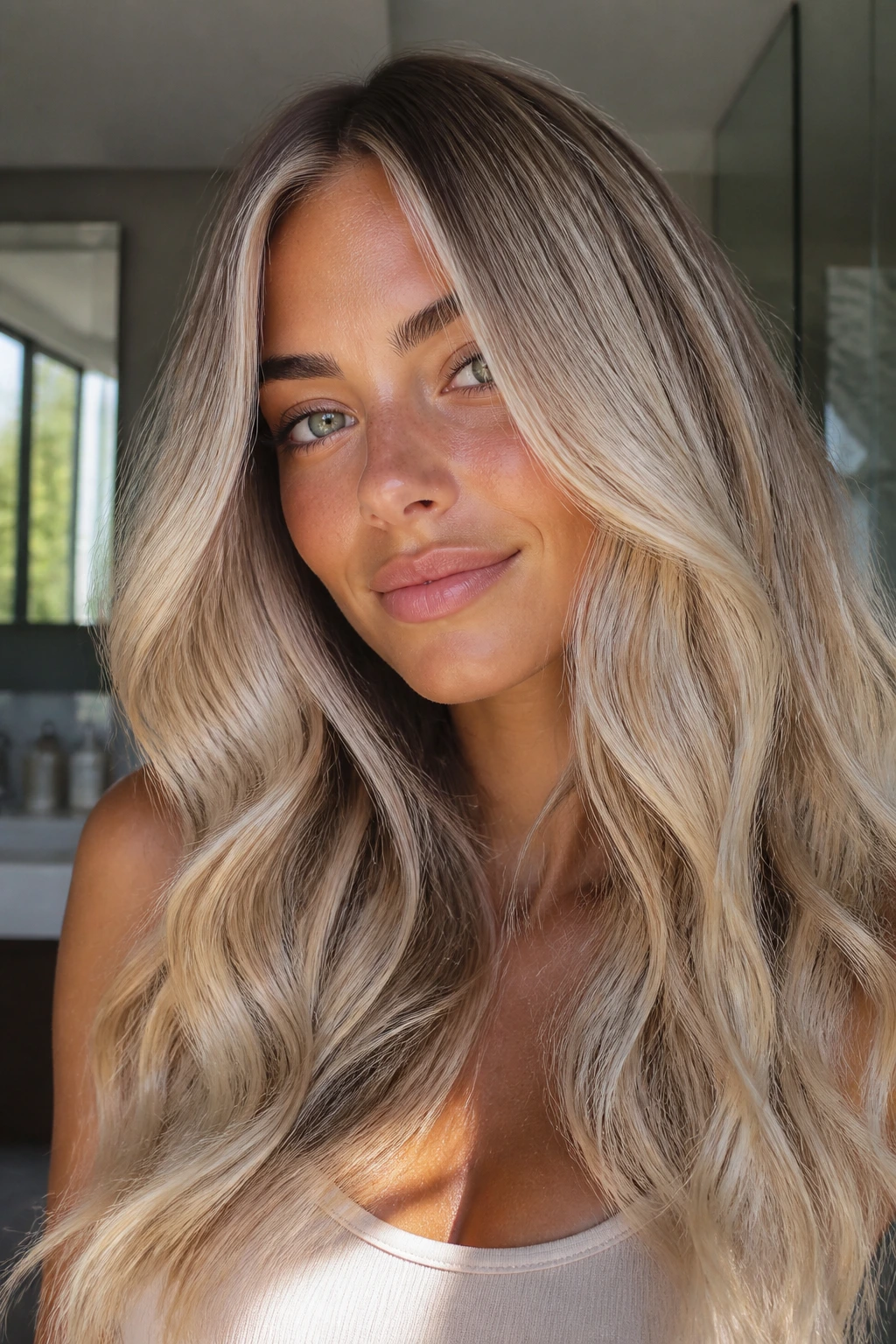 Portrait of a real person with icy and champagne blonde tones against tan skin