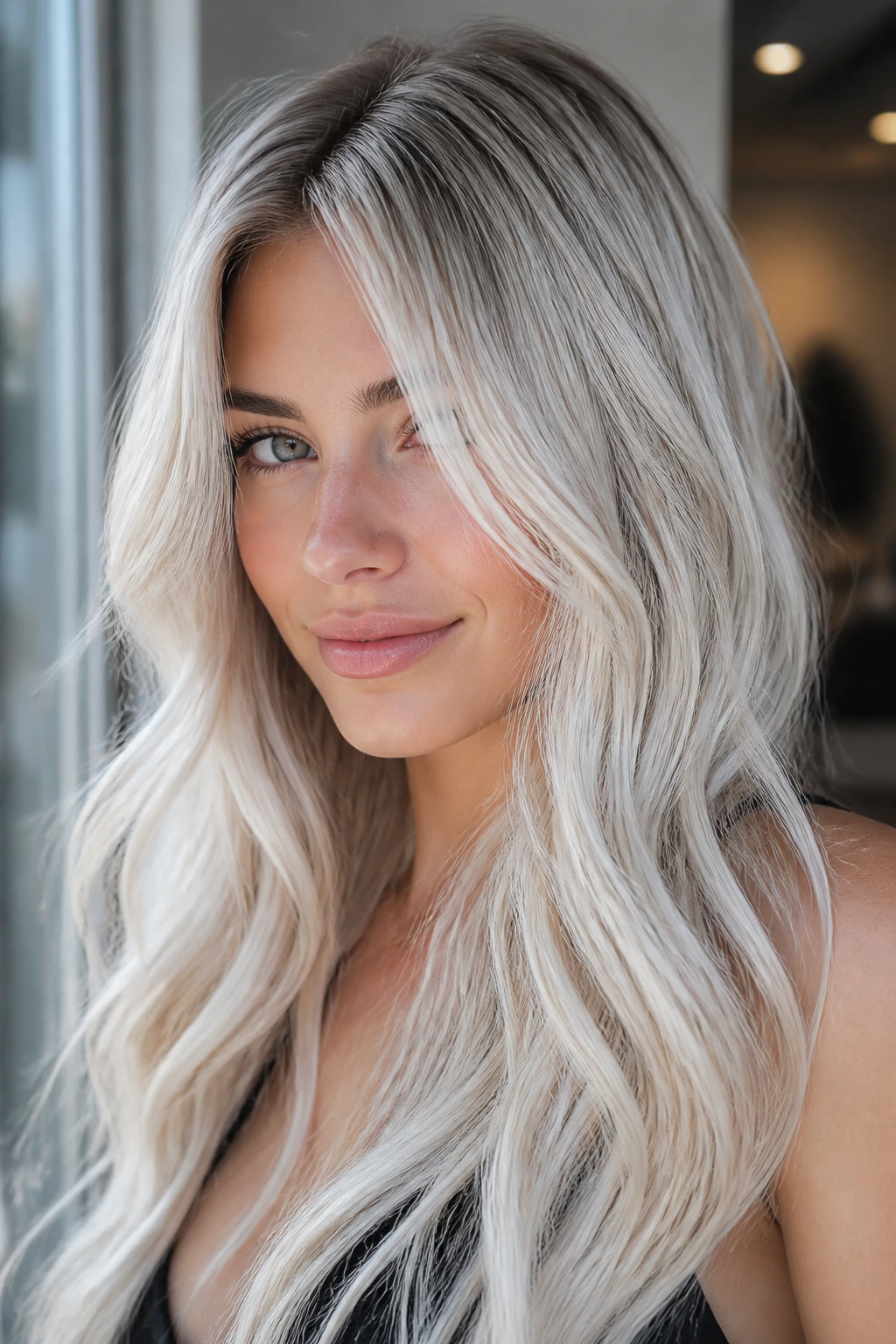 Close-up of a real woman with icy platinum babylights and depth at the base.