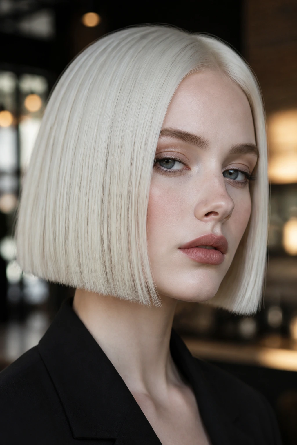 Real woman with icy platinum blunt bob