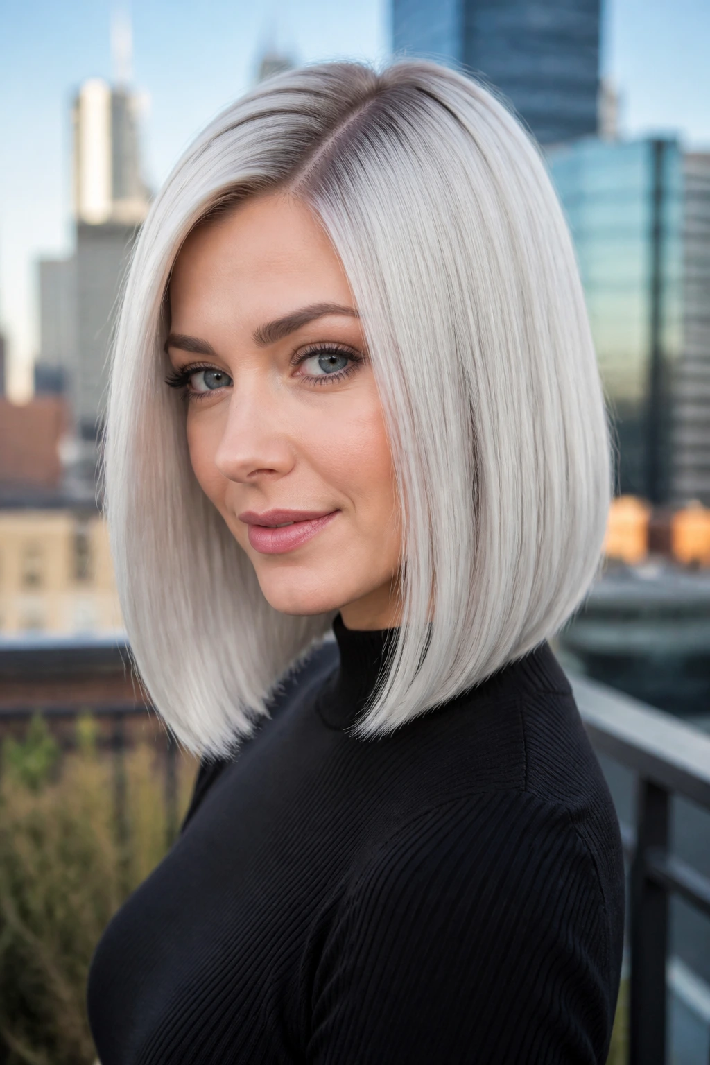 Close-up of a real woman with an icy platinum straight lob.