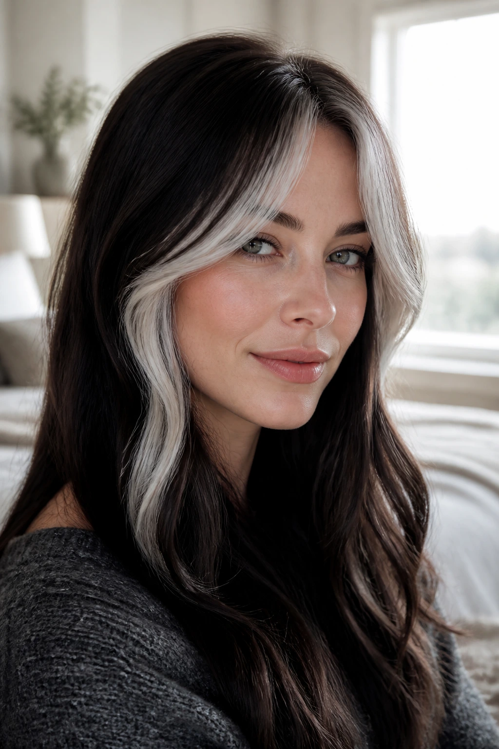 Close-up of a woman with icy platinum money piece and soft curtain bangs