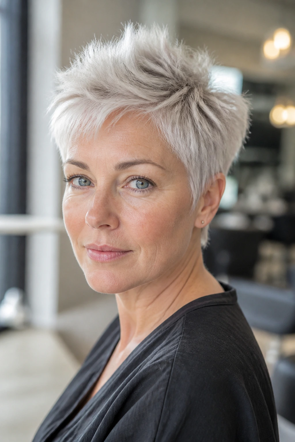 Real woman portrait with icy platinum pixie and feathered crown under soft window light