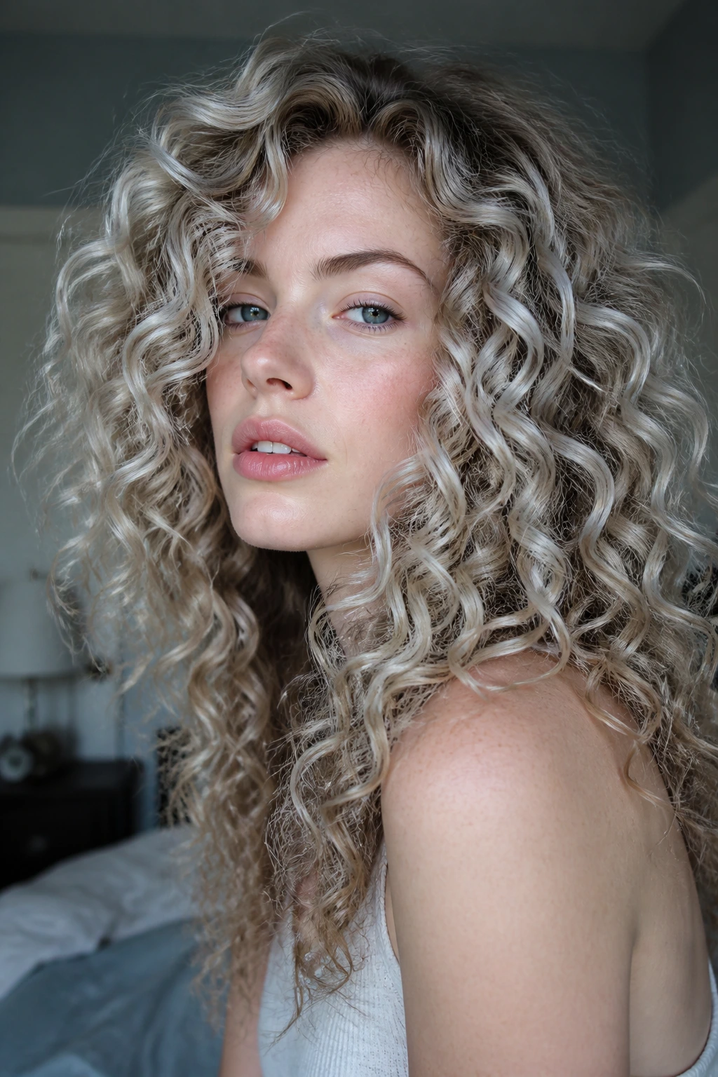 Close-up portrait of a real woman with pale skin and icy platinum threads in outer curls
