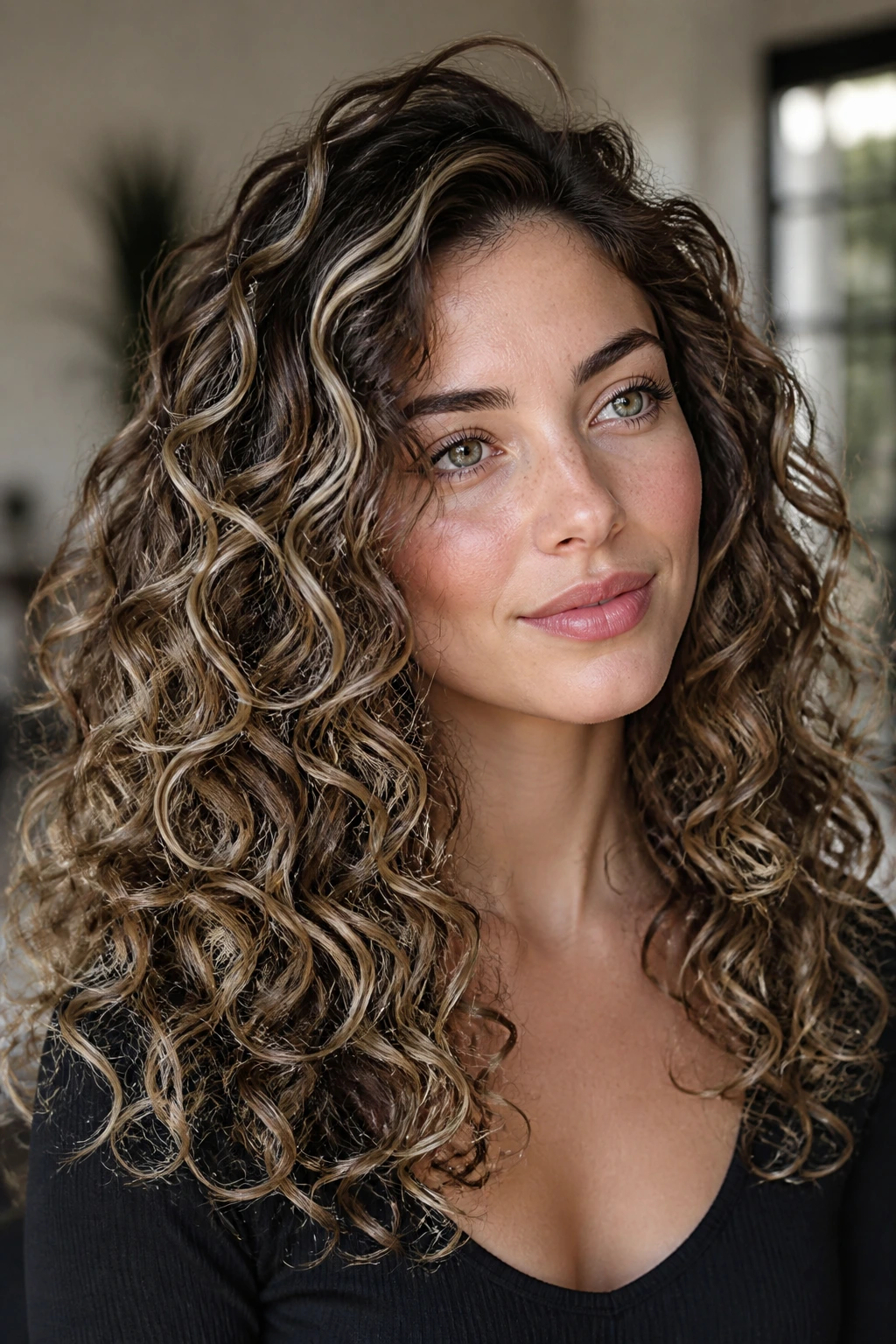 Close-up of a real woman with curly hair showcasing icy ribbon highlights on the outer curls.