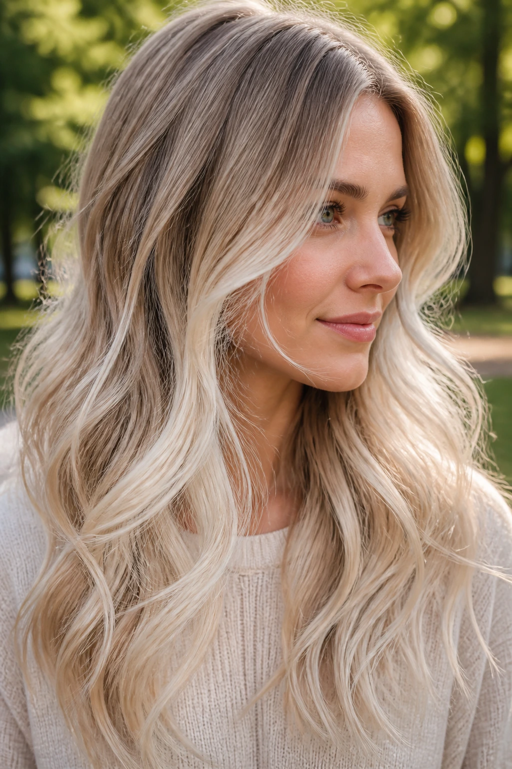 Real woman with icy sand blonde waves in natural light