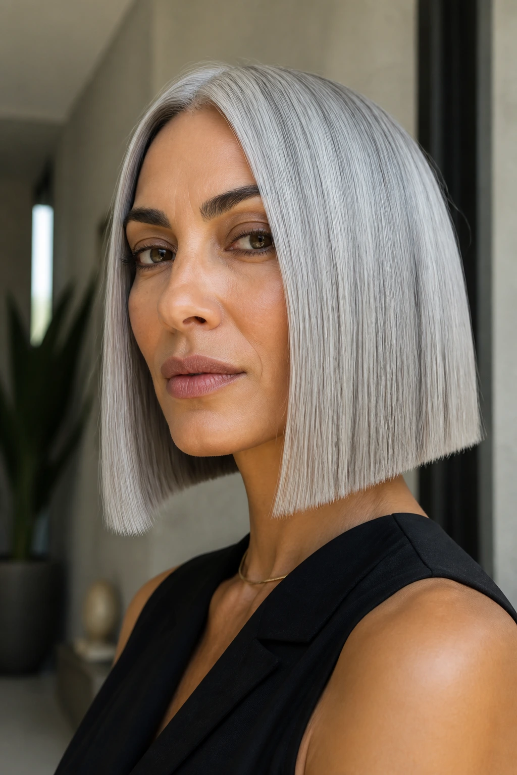 Close-up portrait of a real woman with icy silver blunt cut