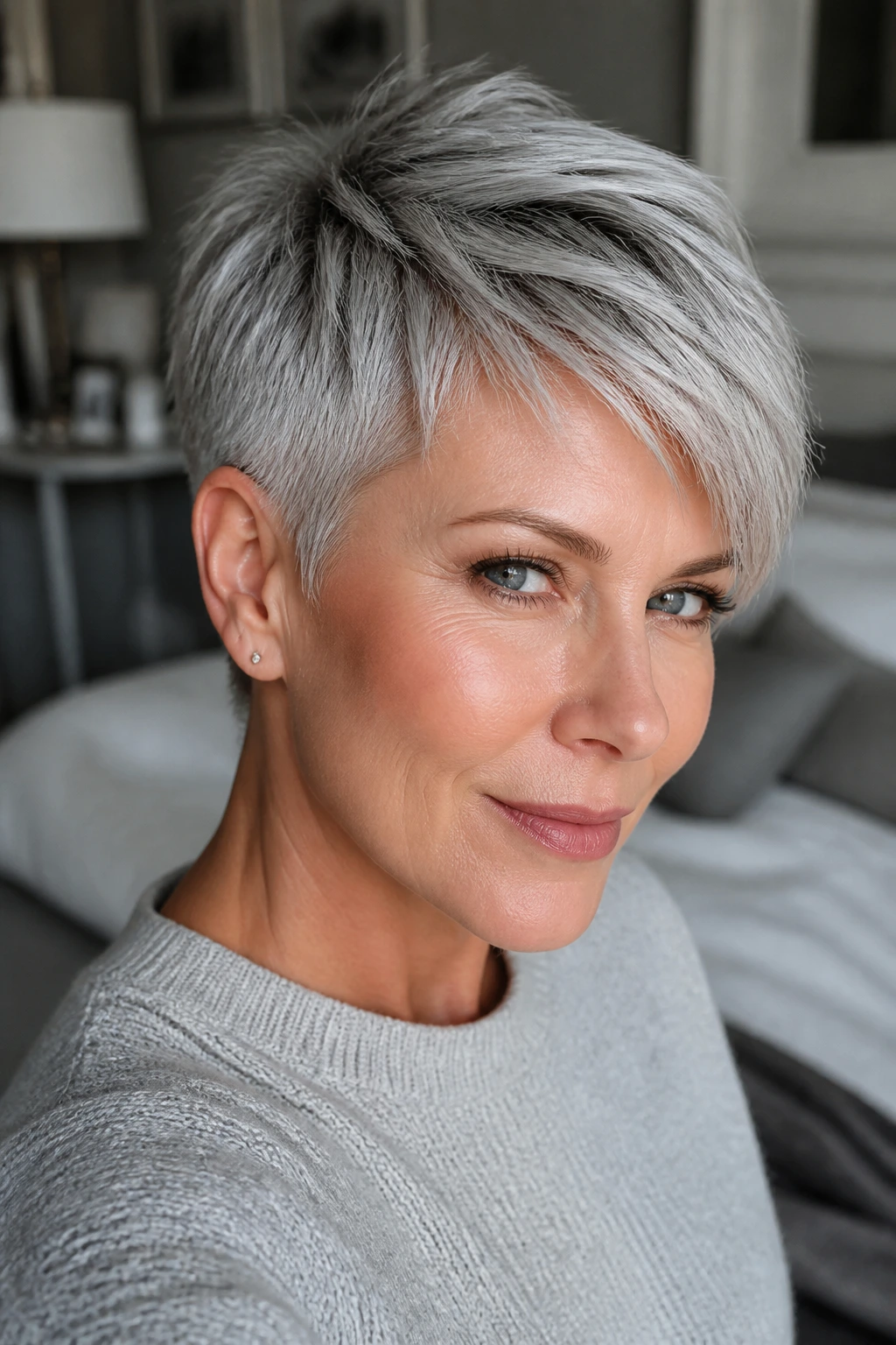 Close-up portrait of a real woman with an icy silver piece-y pixie hairstyle in soft window light