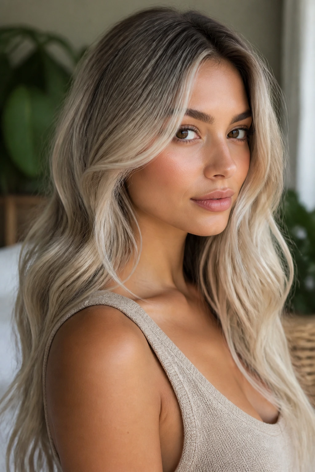 Portrait of icy blonde hair on warm-toned skin with appropriate makeup