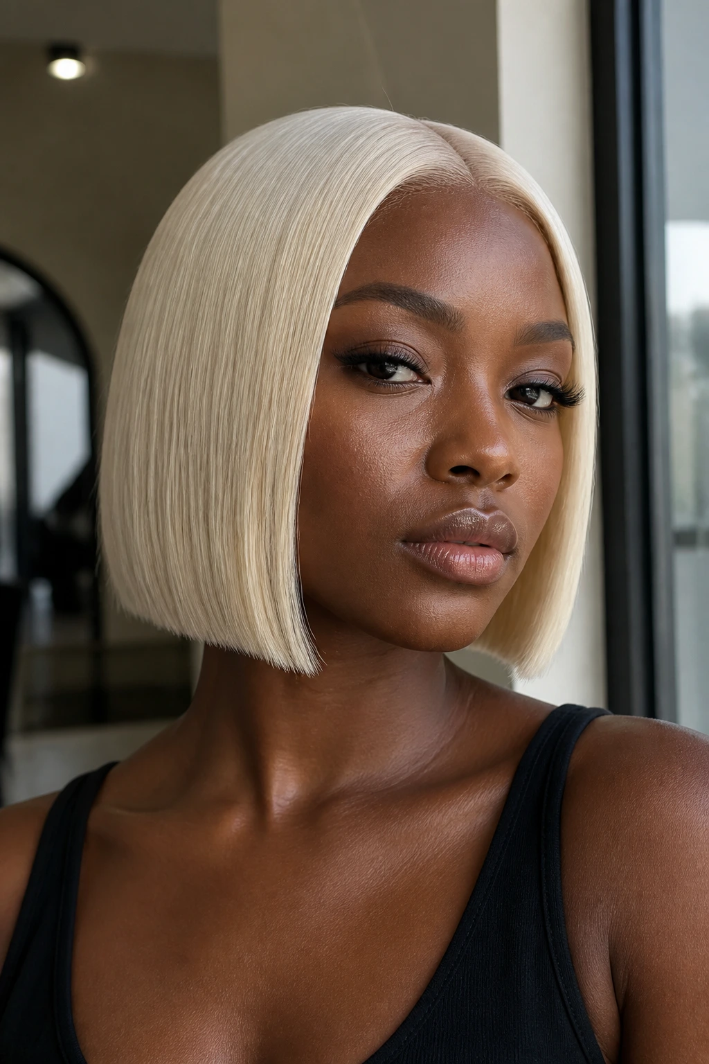 Portrait of a woman with an icy vanilla blonde sleek bob filling the frame