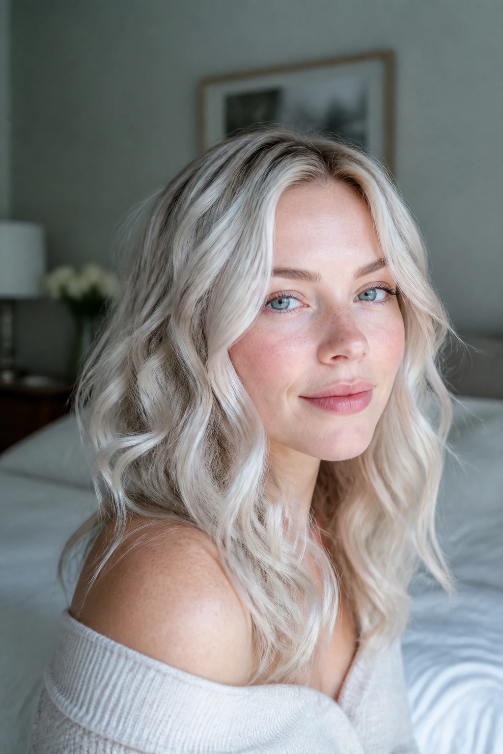 Close-up portrait of a fair-skinned woman with icy arctic blonde waves framing her face