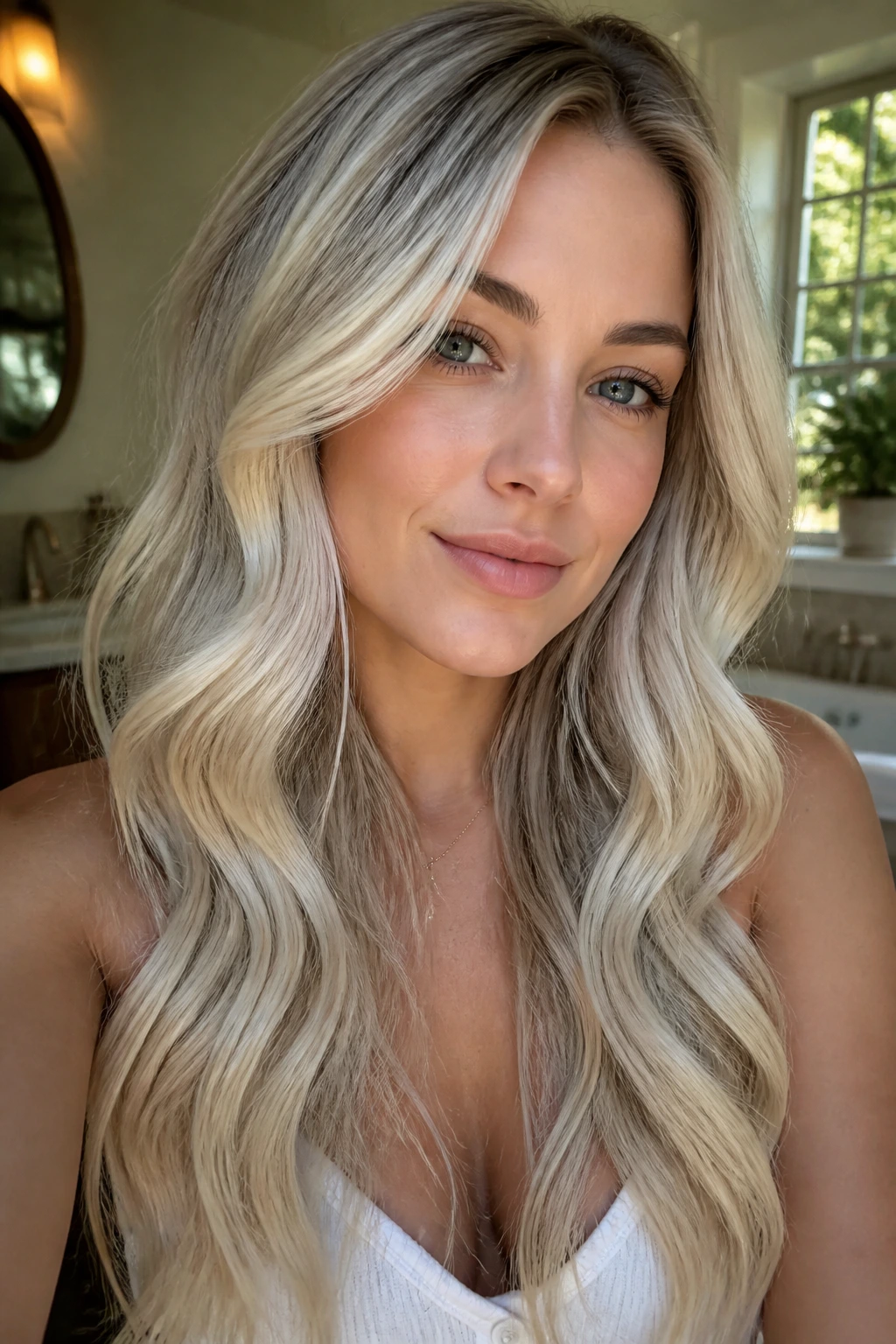 Close-up of a person with loose icy waves on lightened hair