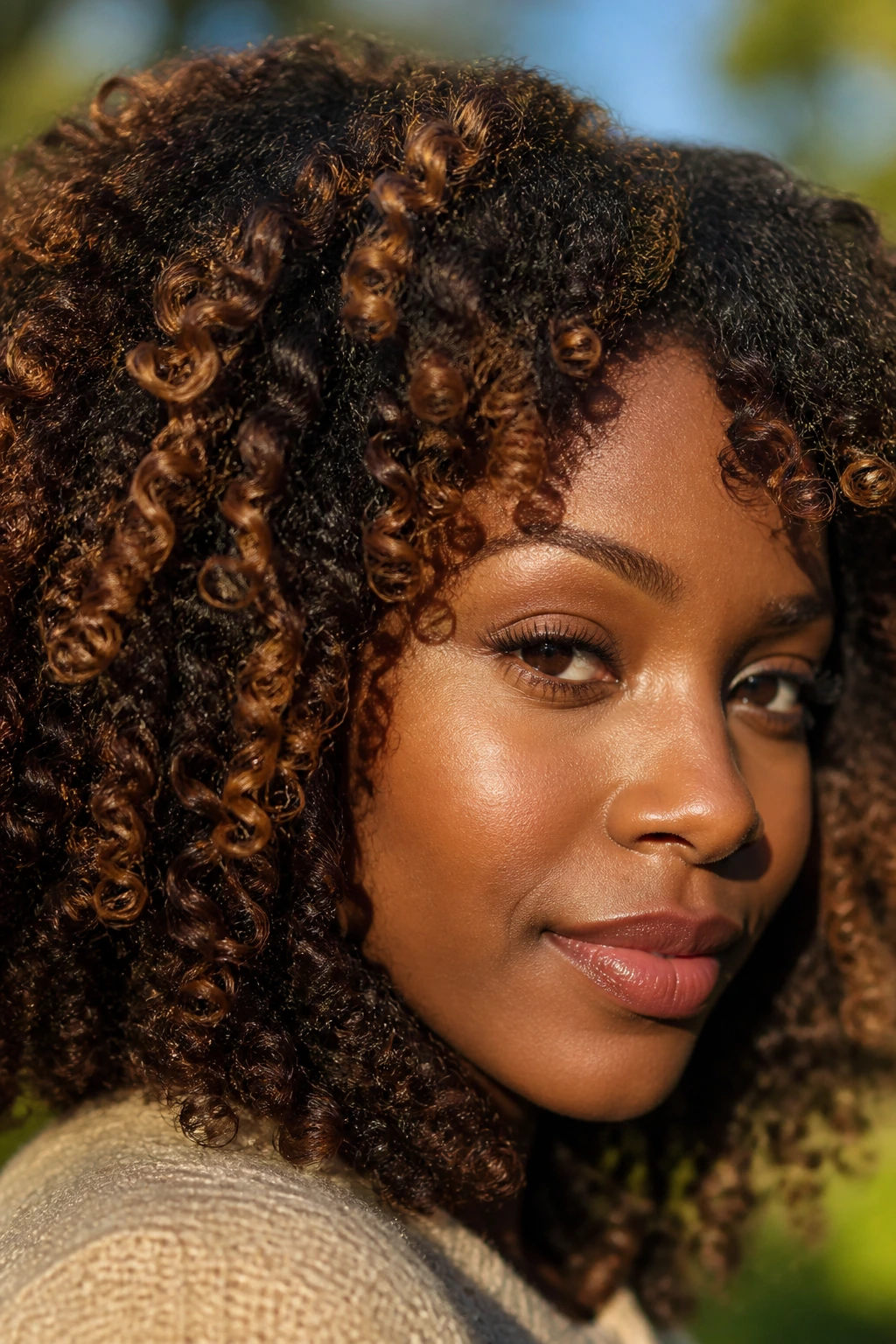 Close-up of a real woman with ideal caramel shade in curls