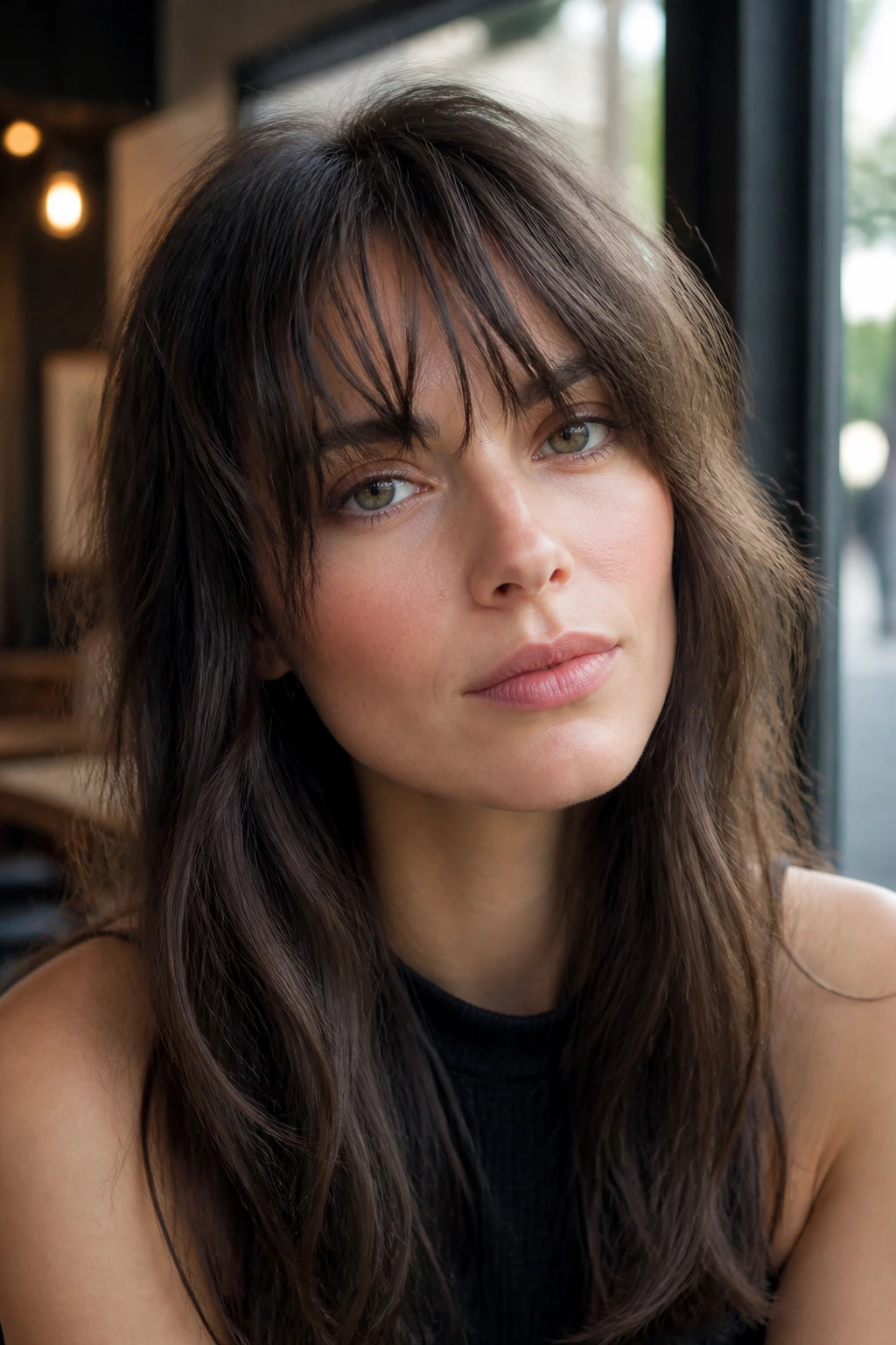 Woman with wisped-out indie bangs and uneven ends.