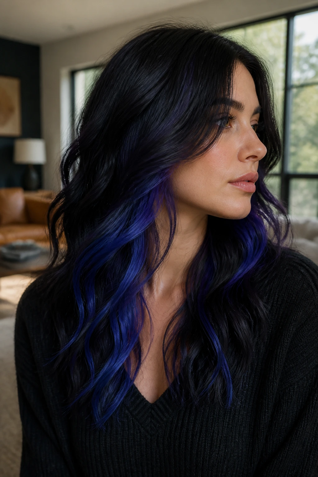 Close-up portrait of a real woman with indigo interior layers visible under a dark base