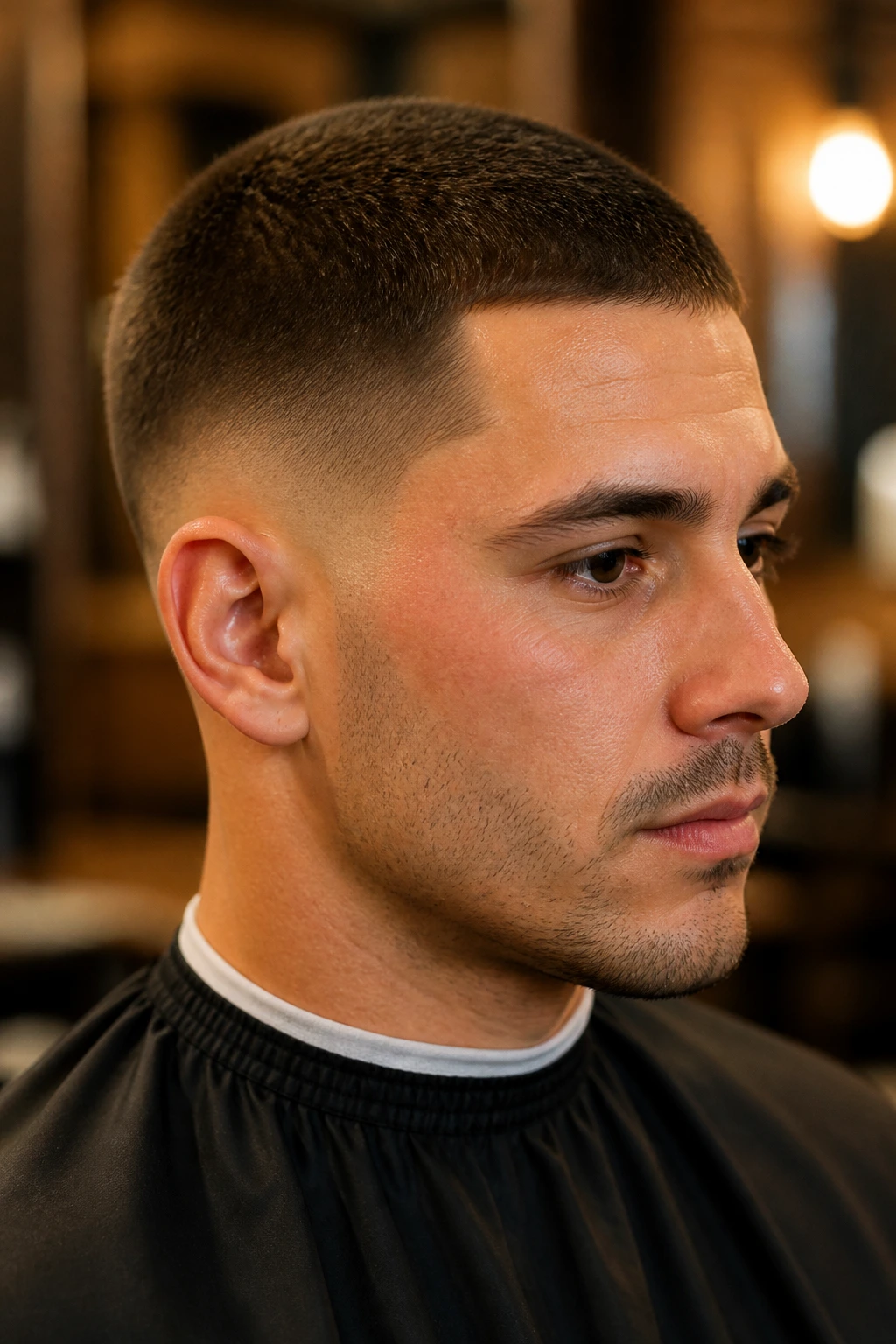 Man with induction buzz and low taper fade in barber chair.