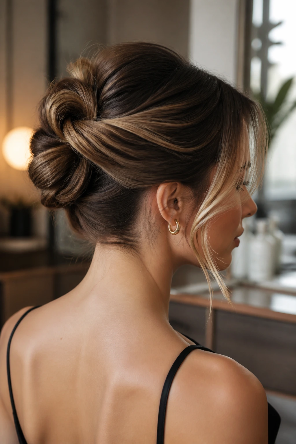 Three-quarter view of a real woman with an infinity twist updo and money-piece highlights