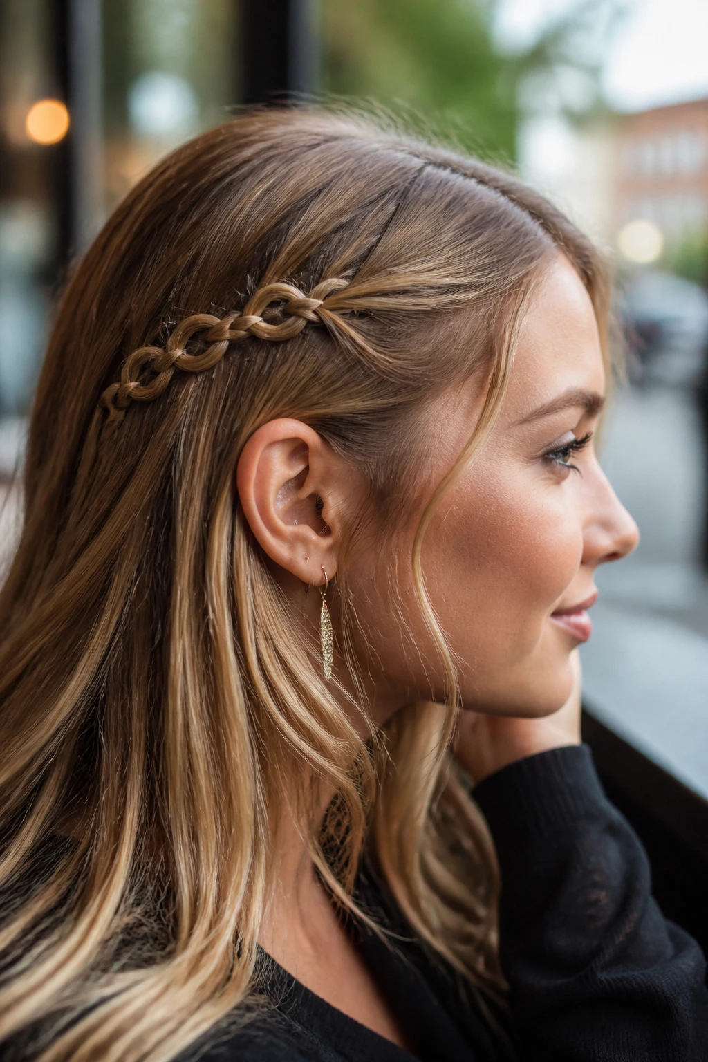 Close-up of a real person with an infinity braid accent along the side near the ear