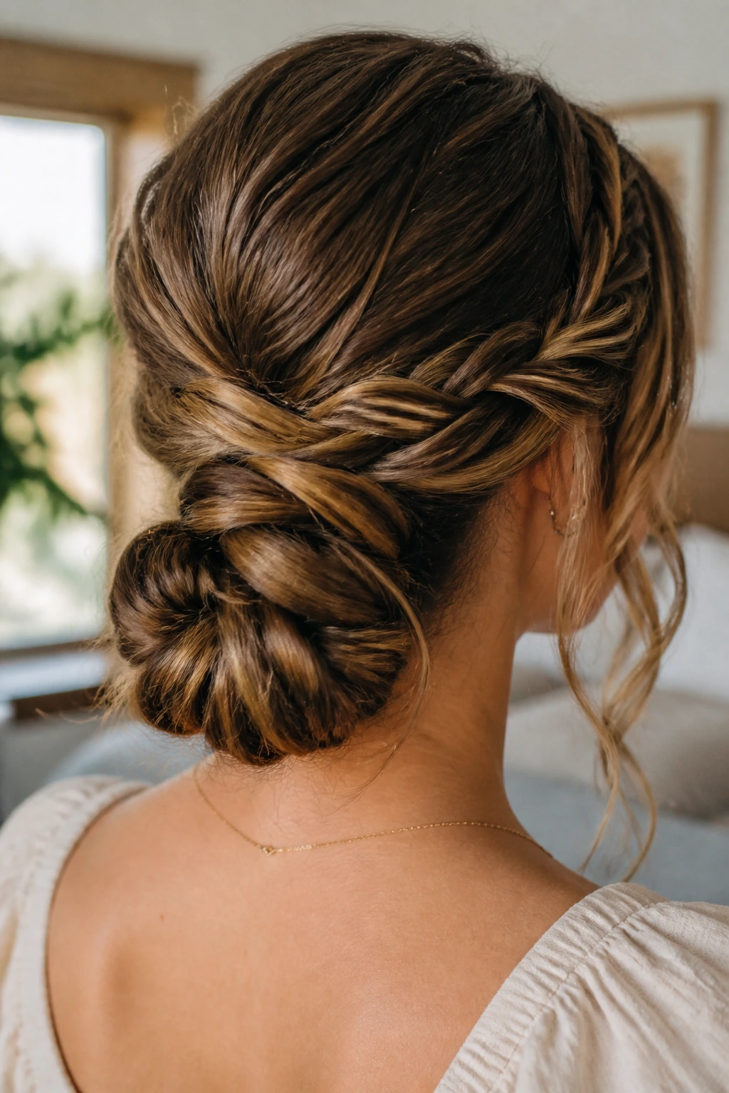 Close-up of a real woman with an infinity braid bun at the nape