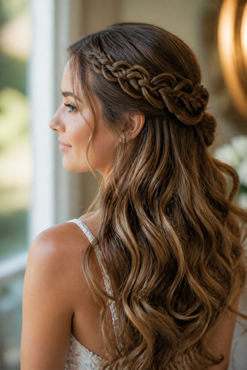 Bride with an infinity braid half-up and flowing waves.