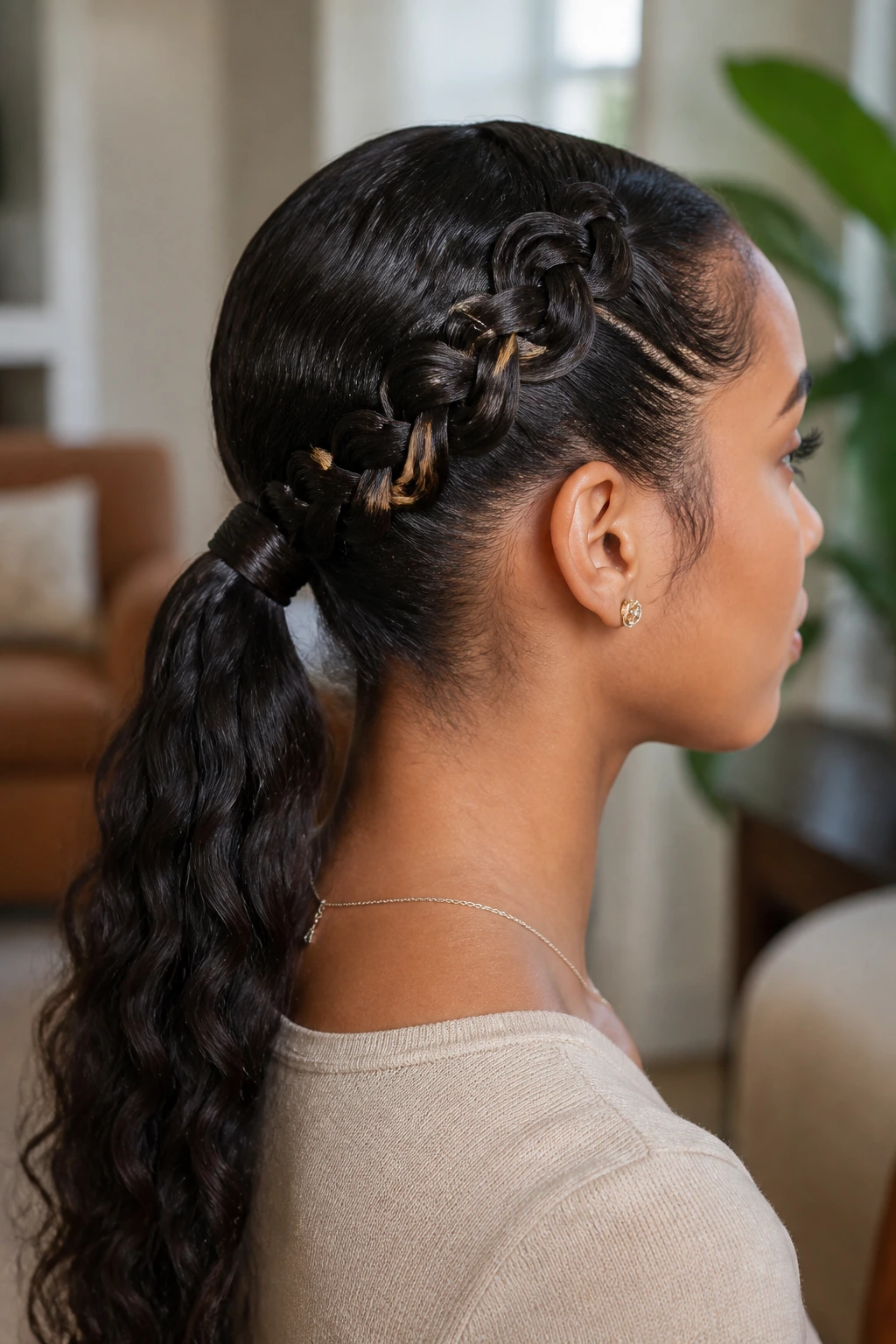Close-up of infinity braid forming a low ponytail on a real woman