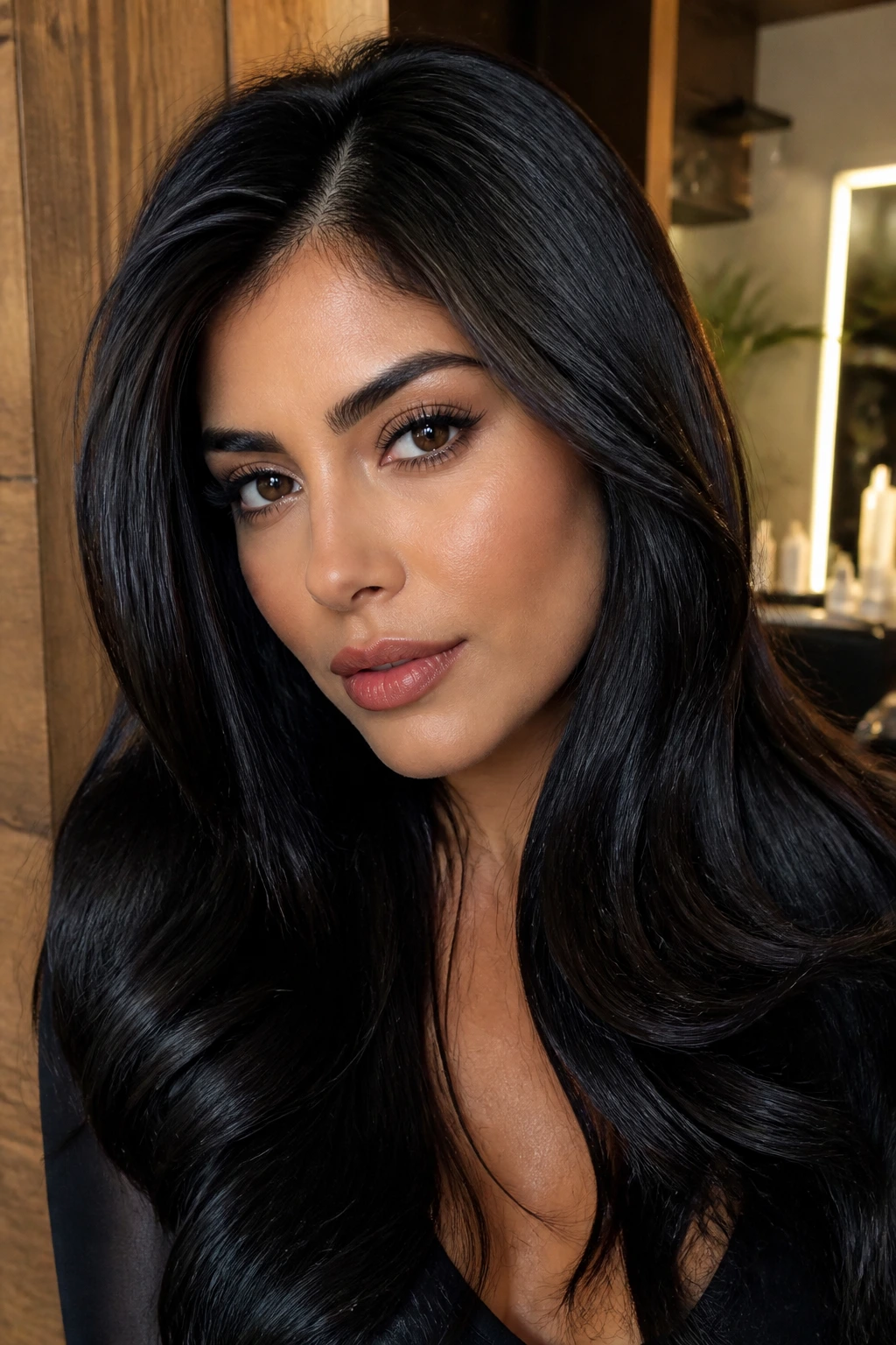 Portrait of olive-skinned person with ink-black hair and charcoal contouring framing the face