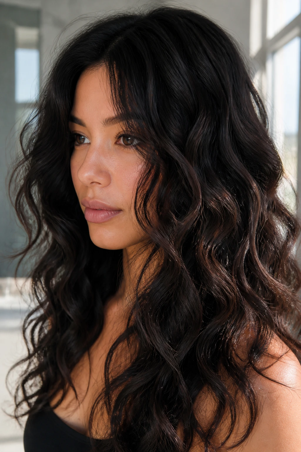 Close-up of deep black hair with espresso gloss on a real person.