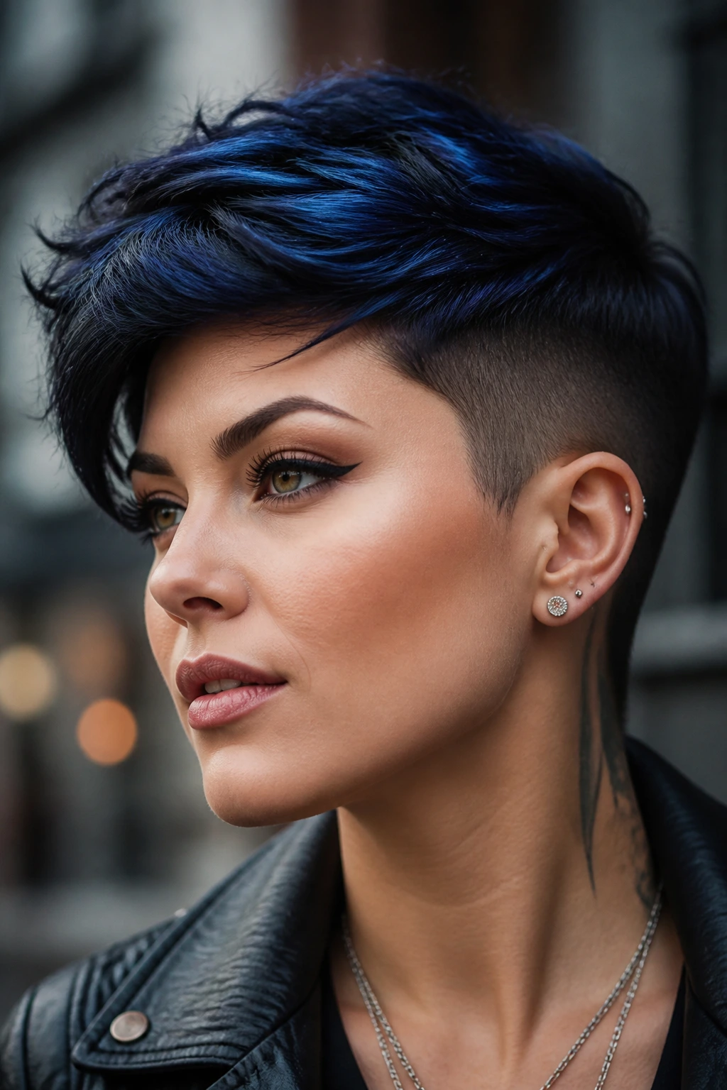 Portrait of real woman with ink-blue undercut pixie and blue sheen on top