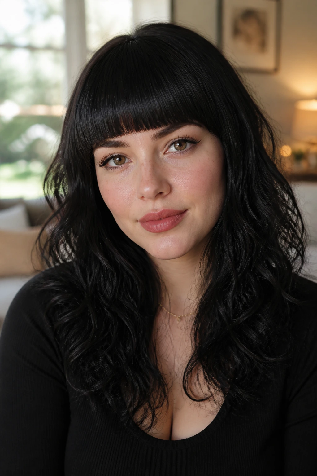 Close-up portrait of a real woman with inky black hair and a crisp blunt fringe.