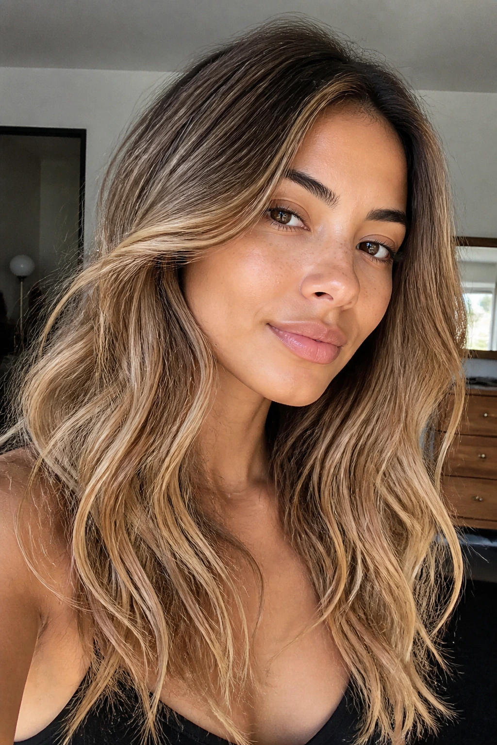 Portrait of honey-blonde hair with daylight highlighting tone and placement