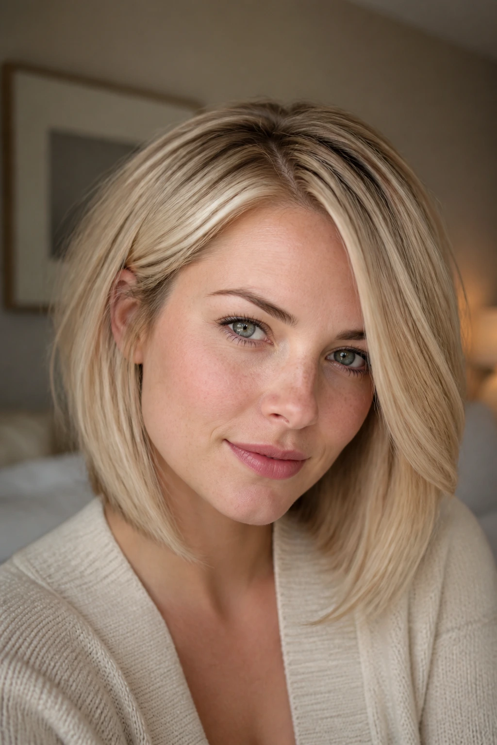 Portrait of a woman with an elongated blonde lob and side part in warm indoor light.