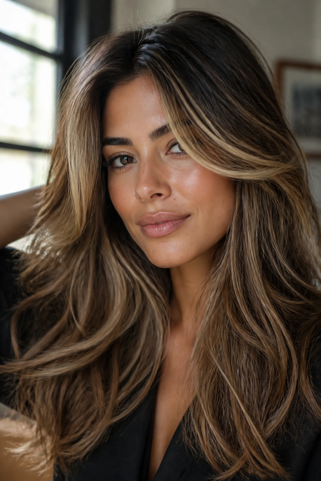 Portrait of a woman with face-framing ribbons in olive-toned hair