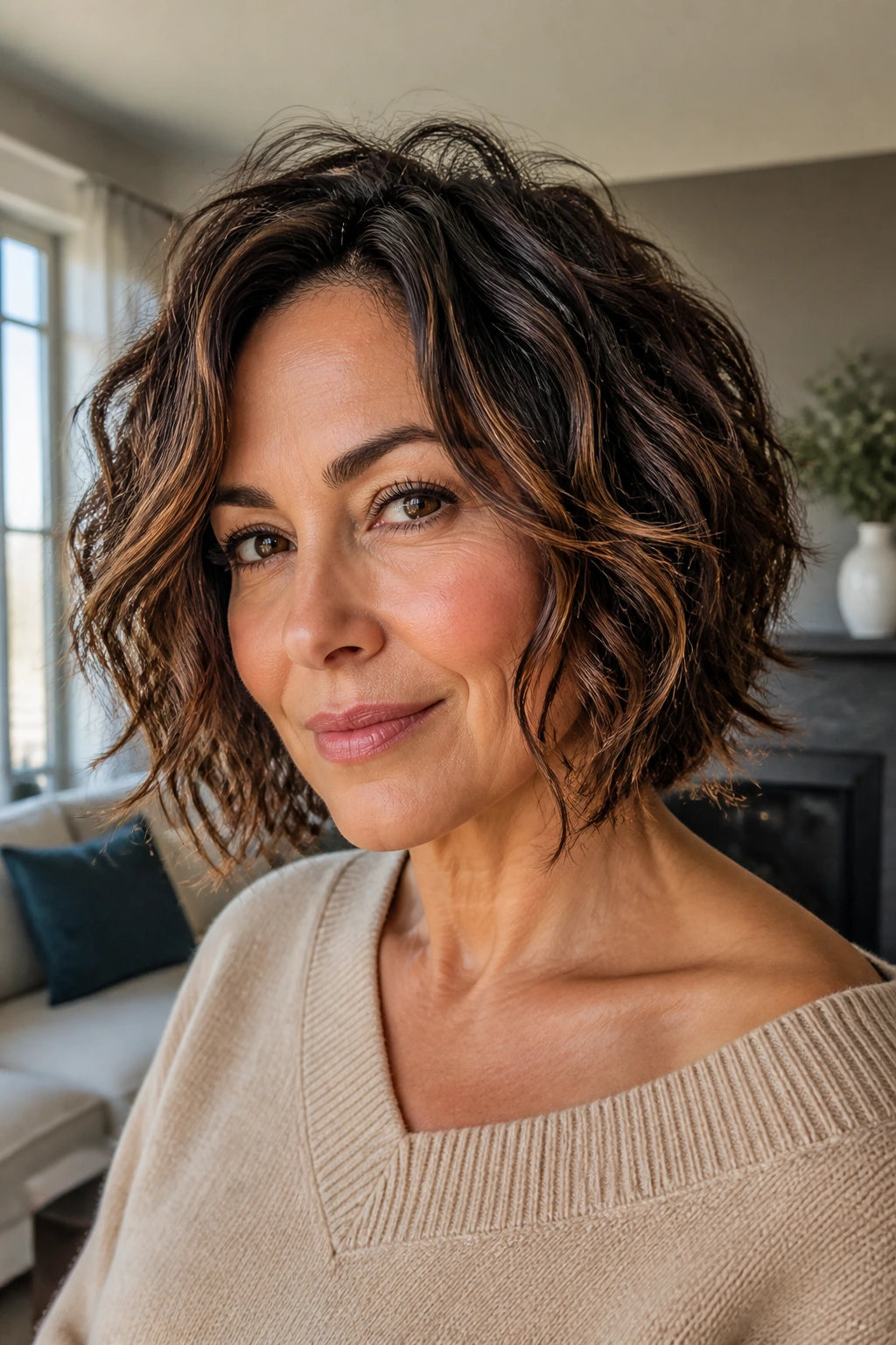 Portrait of a real woman with a well-defined short layered bob that looks intentional