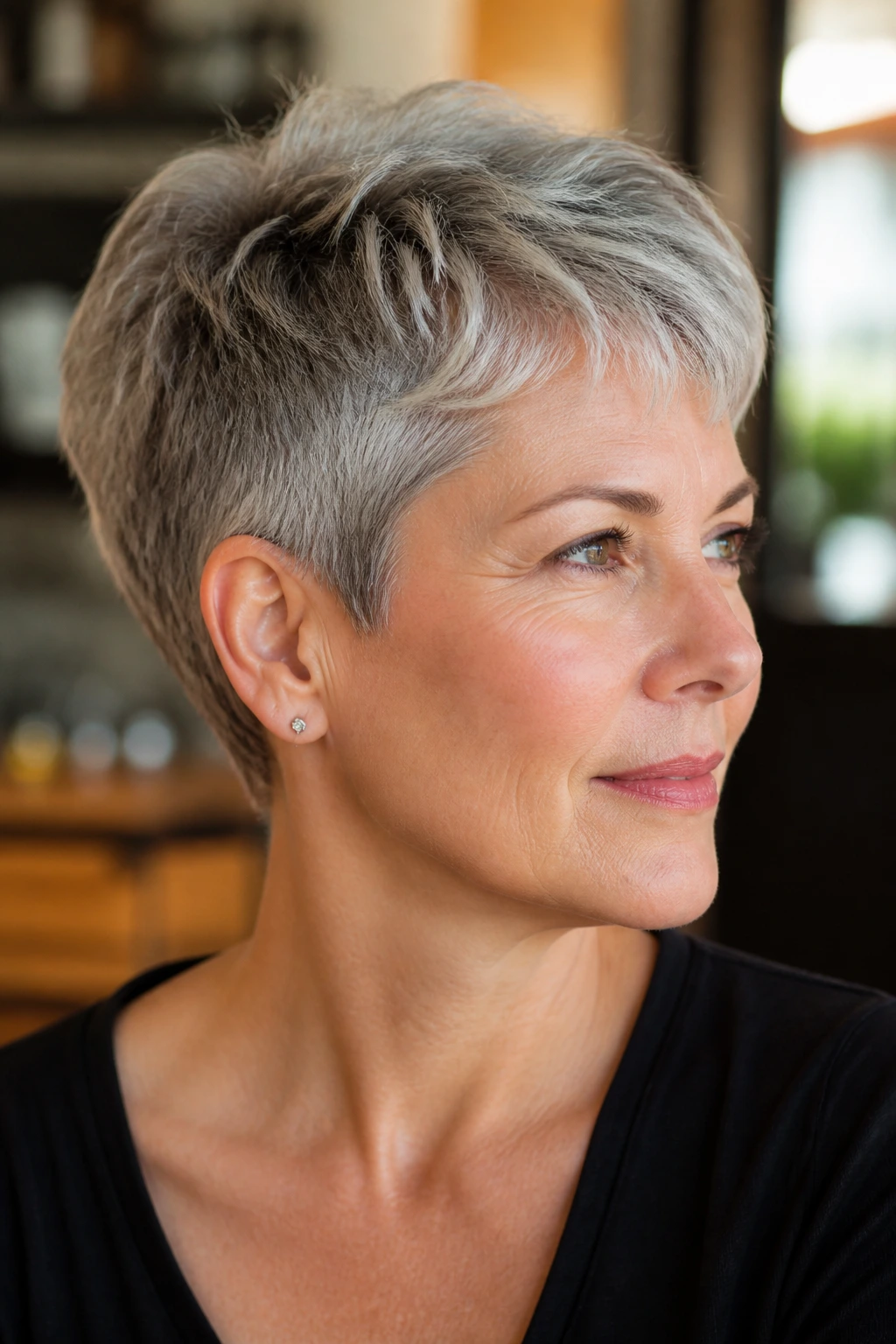 Close-up of a real woman with polished grow-out pixie on thick gray hair