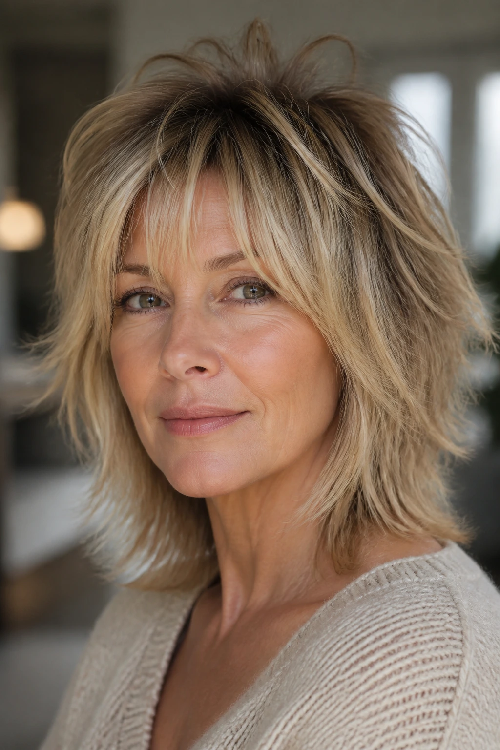 Close-up portrait of a real woman with a shaped shag showing crown lift and face-framing pieces