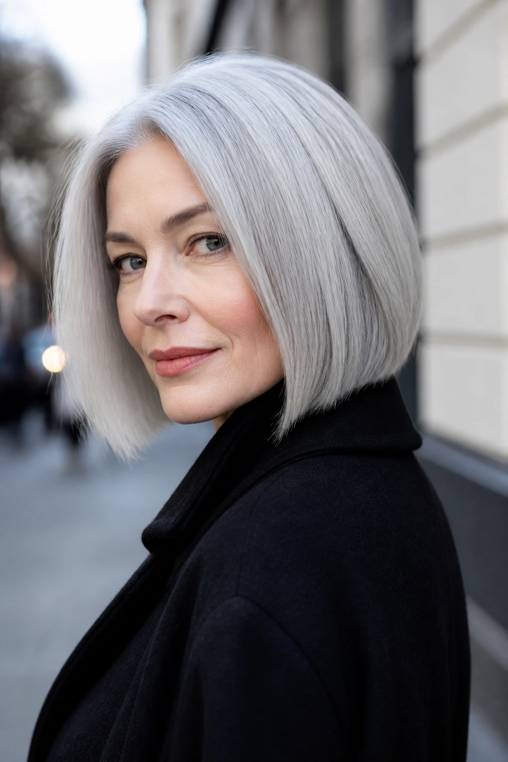 Sharp glossy silver bob on real person