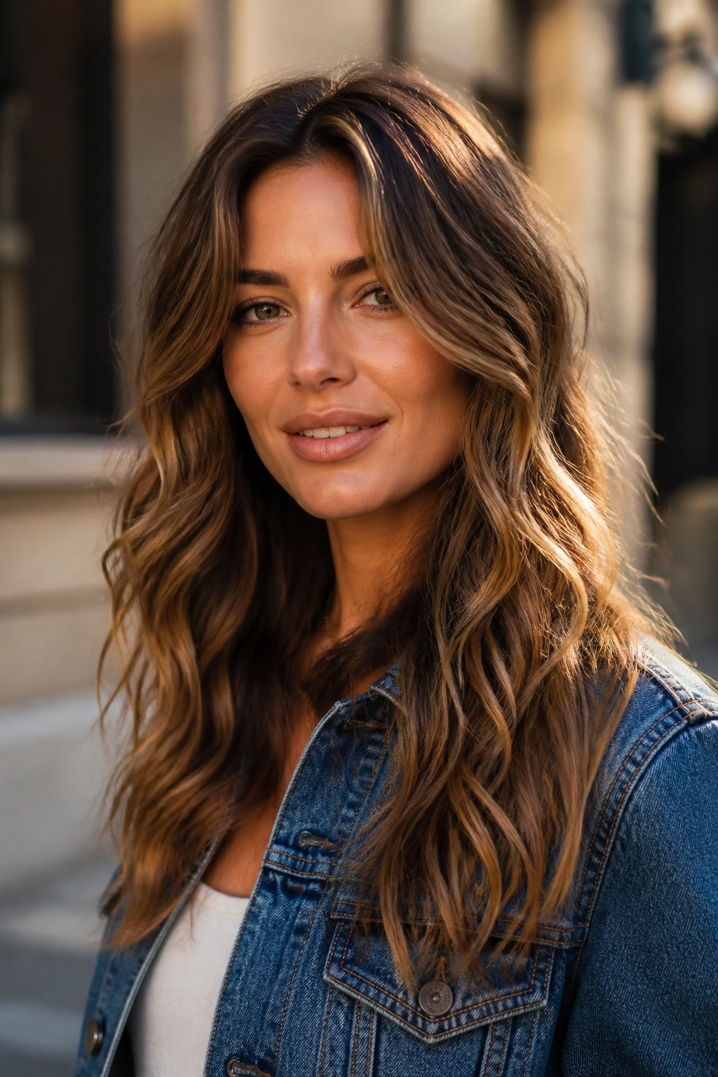 Real woman with intentional beachy waves wearing a denim jacket outdoors