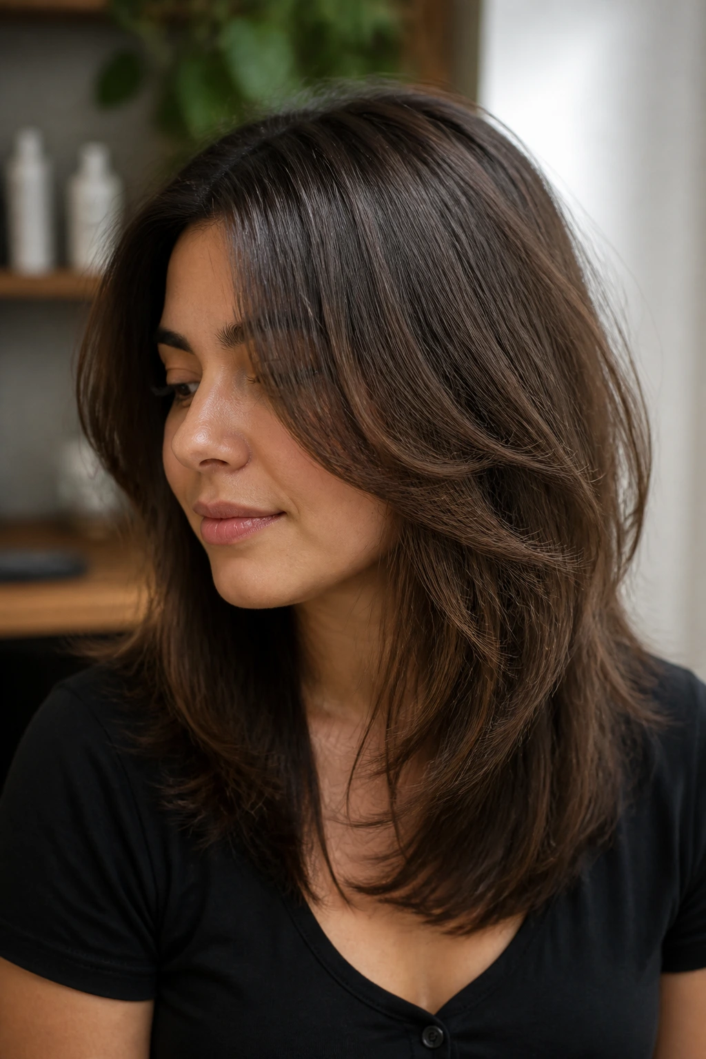Portrait of a real person showing interior layers taking out weight in thick hair