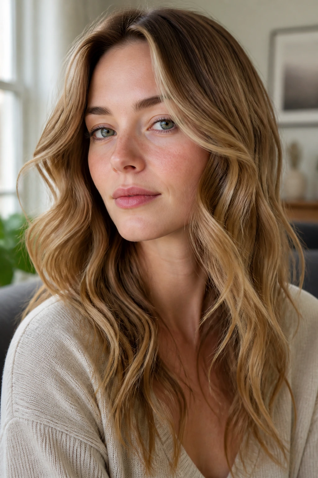 Close-up of real woman with interior scattered lights in waves