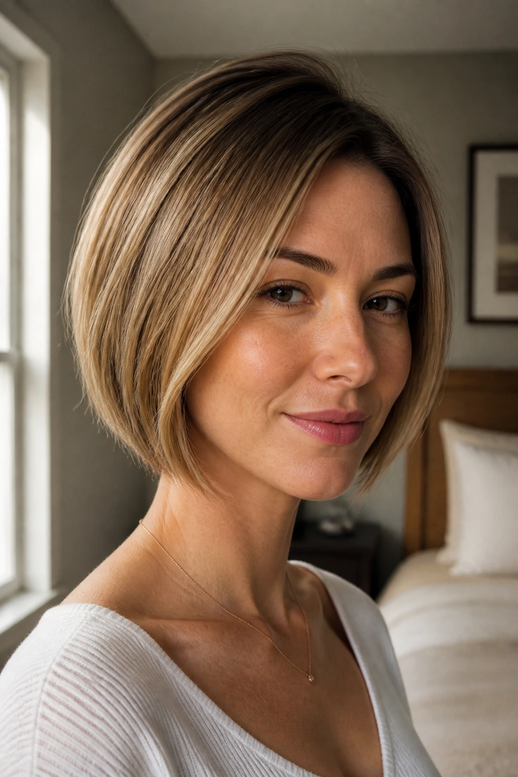Close-up portrait of a real woman with an internal-contour bob showing crown lift