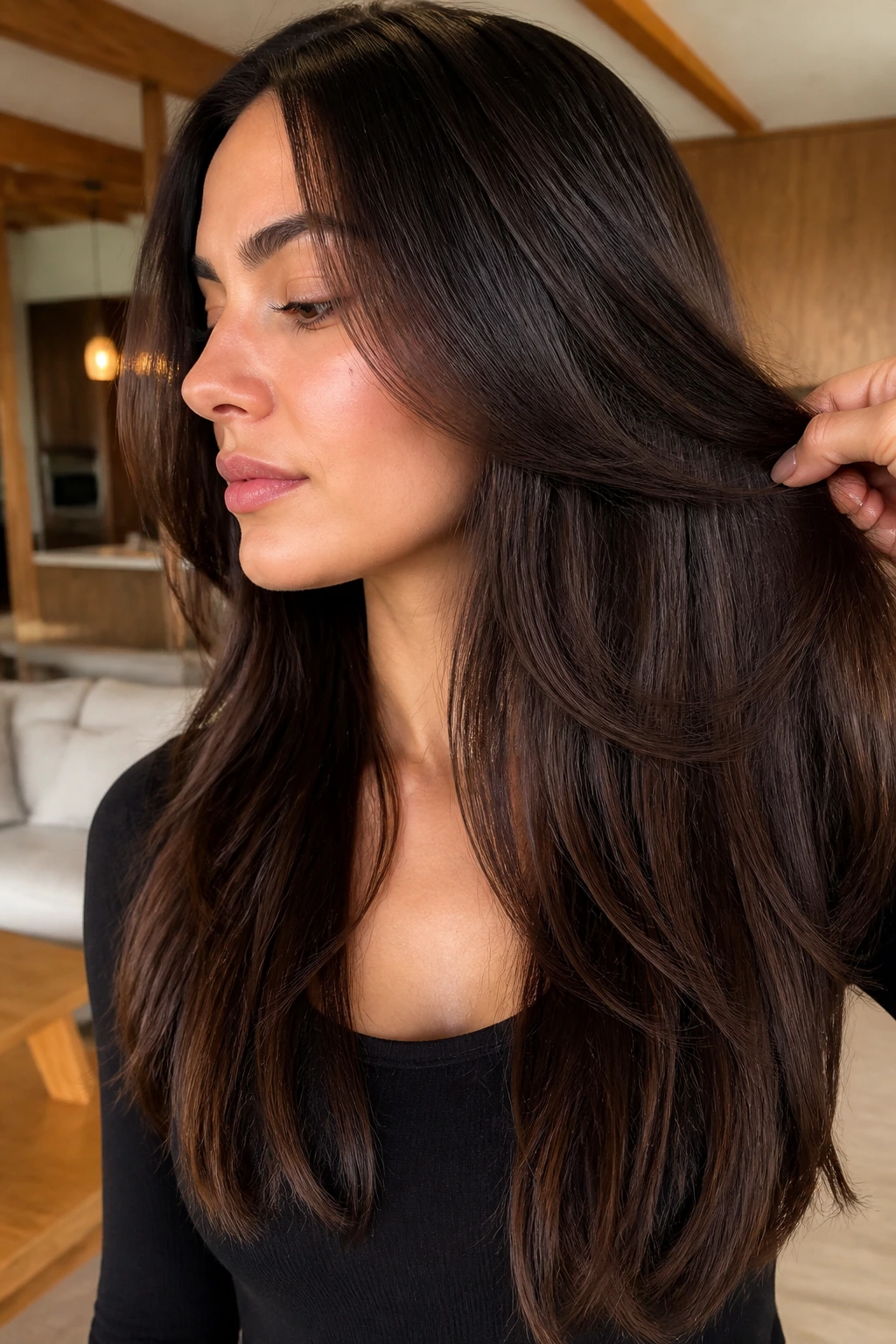 Close-up of a real woman with internal debulked layers and dark chocolate lowlights