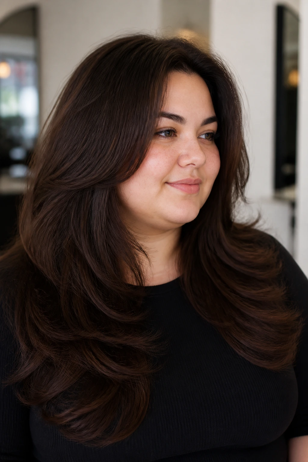 Close-up of a real woman with layered cut and internal debulking