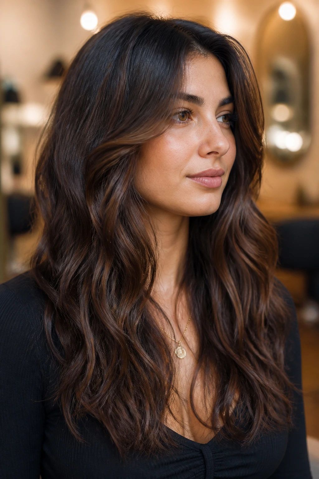 Close-up portrait of a real person showing internal debulking in thick wavy hair.