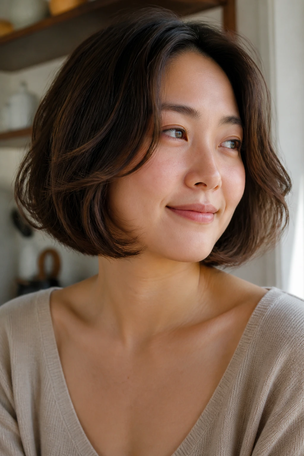 Close-up portrait of a real woman with an internal graduation bob, showing shorter inner layers beneath a neat outer edge.