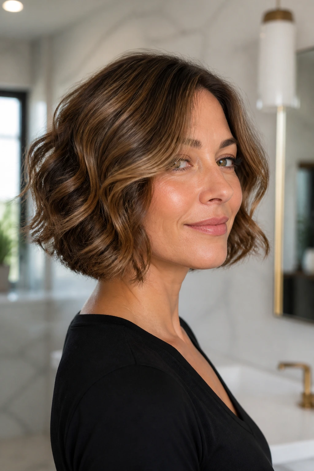 Close-up portrait of a real woman with an internal-layer bob
