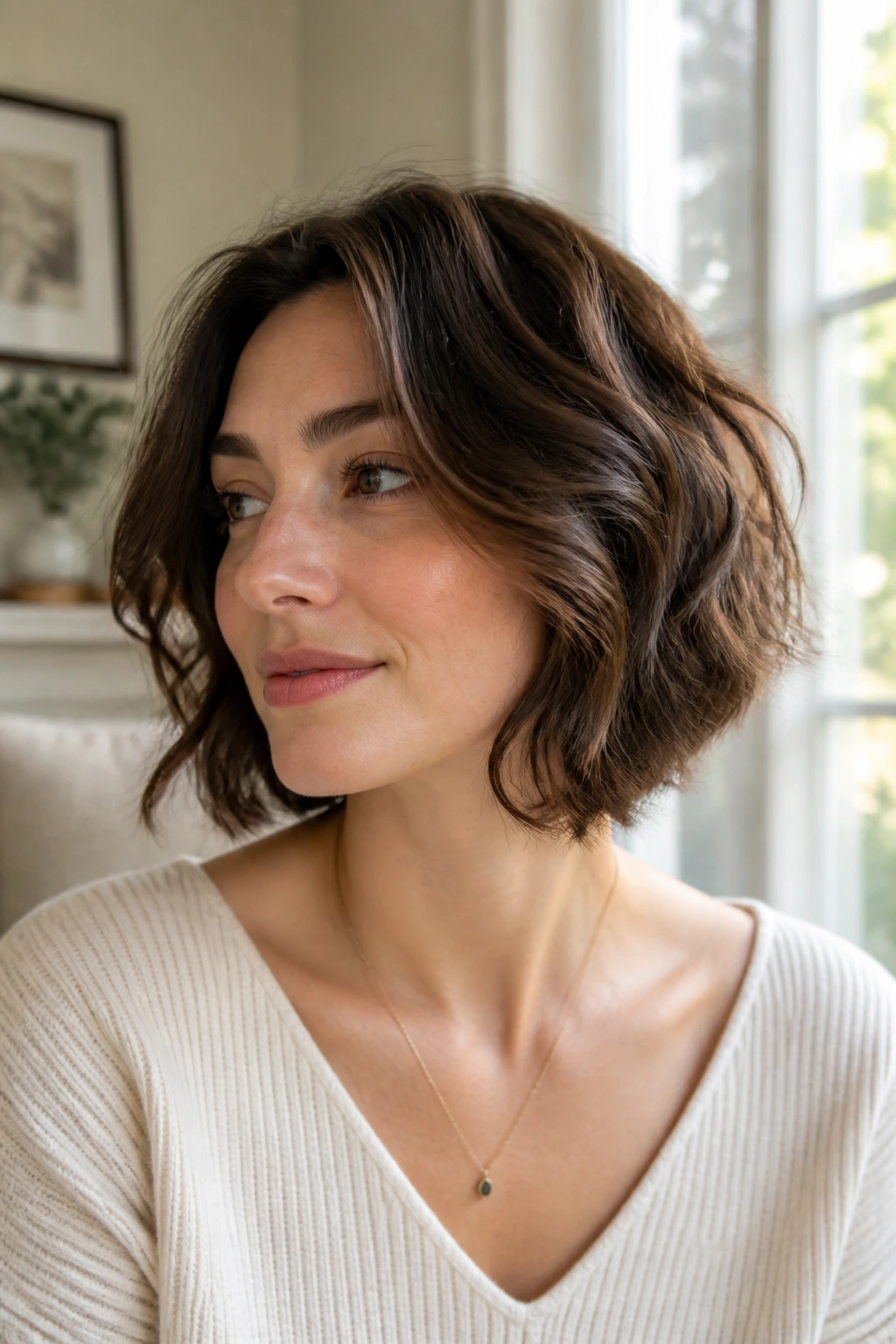 Real woman with internal-layer bob and loose waves close-up