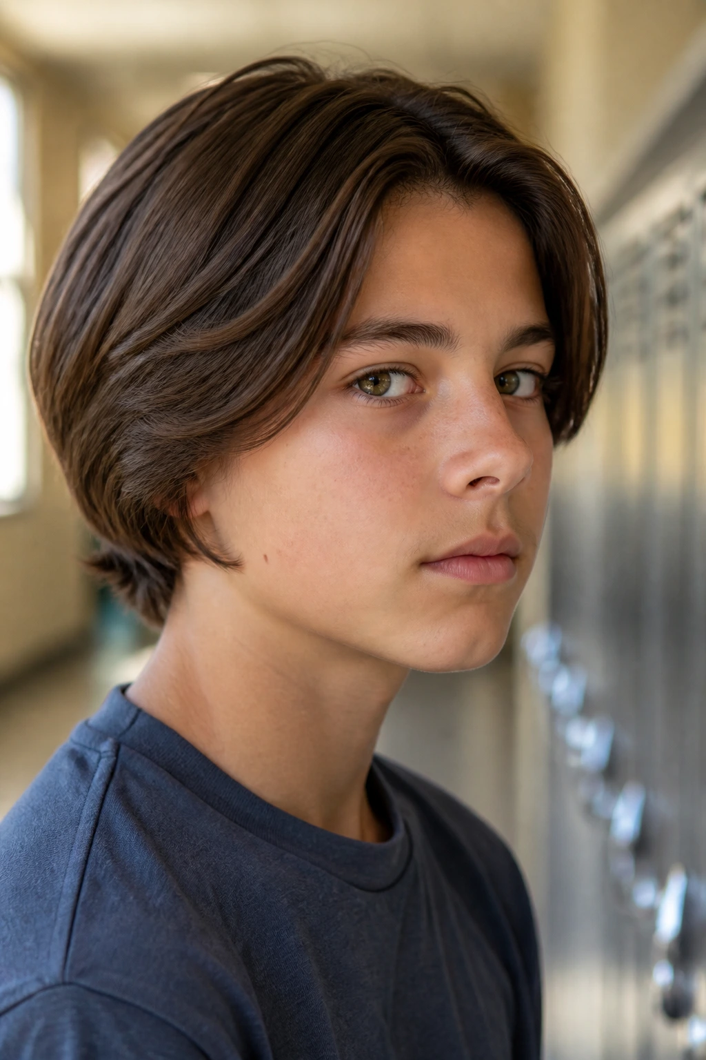 Close-up portrait of a real boy with an internal-layer bob in a hallway with warm daylight