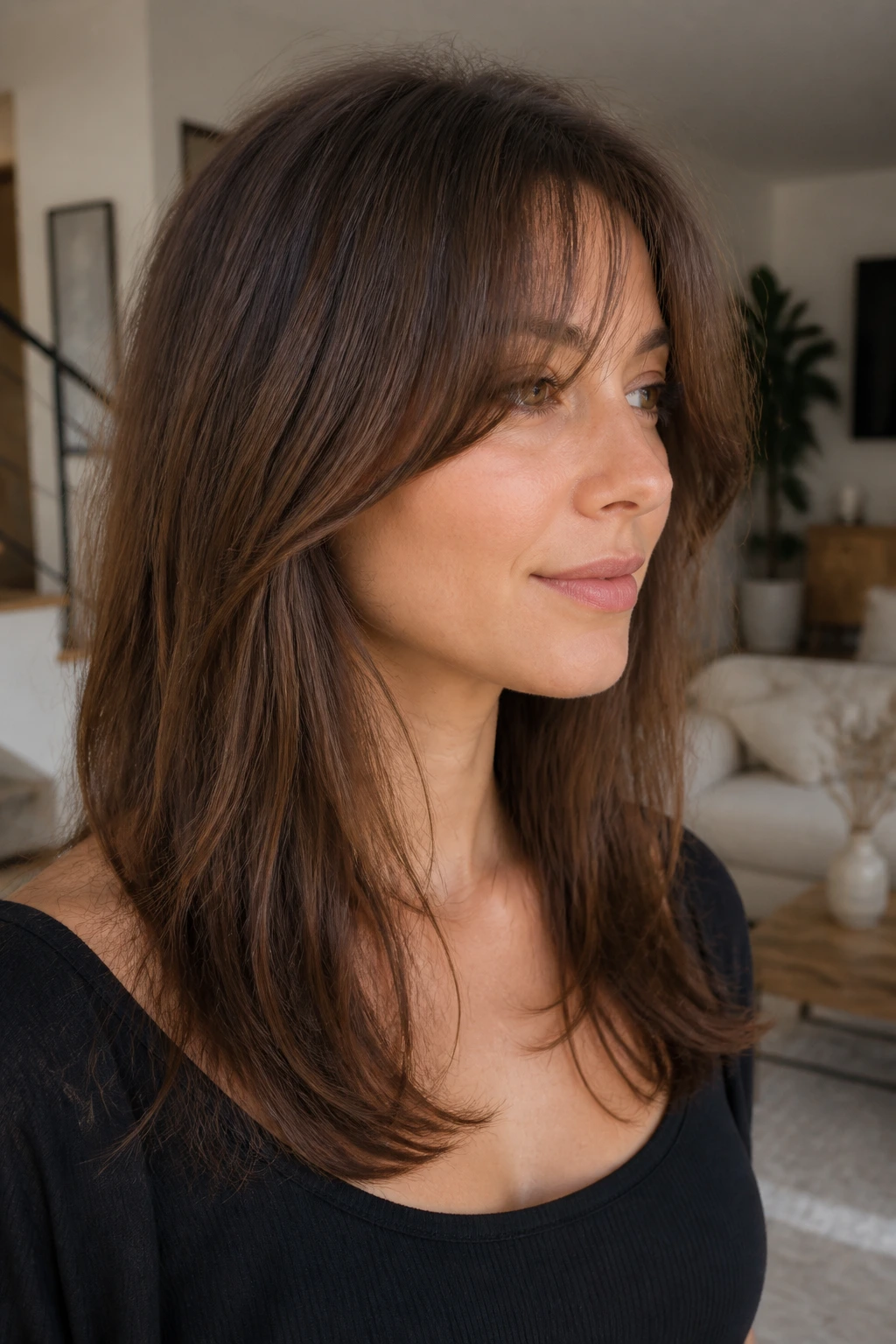 Portrait of a real woman showing internal-layer curtains with soft fringe