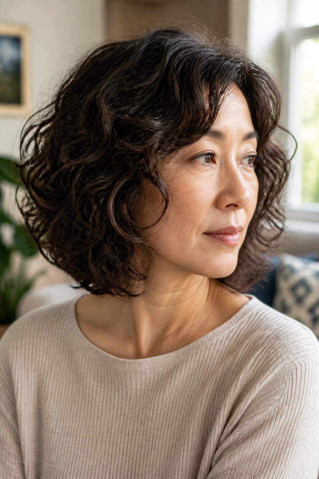 Close-up portrait of a real woman with an internal-layer lob showing inner bulk reduction and smooth outer edge
