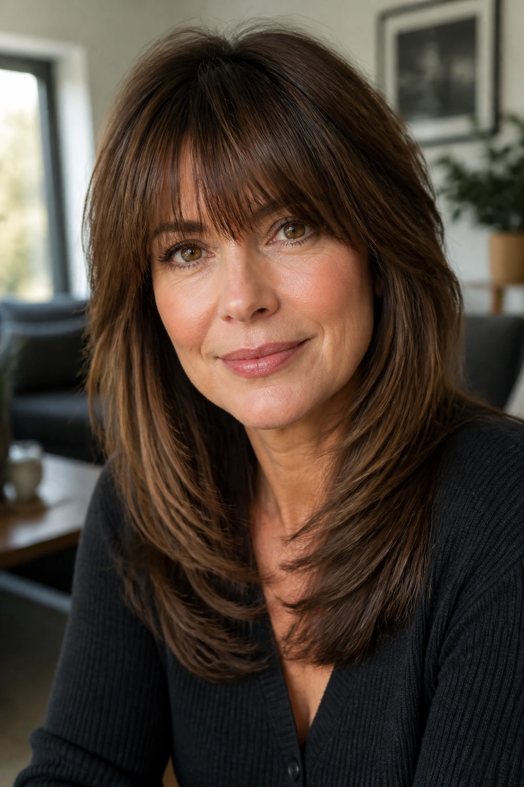 Close-up of a real woman with internal layers and brow-grazing fringe.